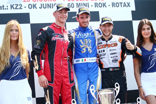 Il podio di KZ2 Gara1 con Francesco Celenta, Maximilian Paul e Filippo Berto.   